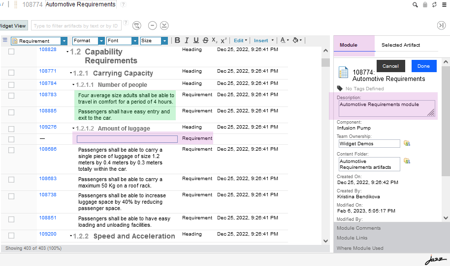 With a module, you can see the description, component, team ownership, content folder when and by whom it was created or modified...